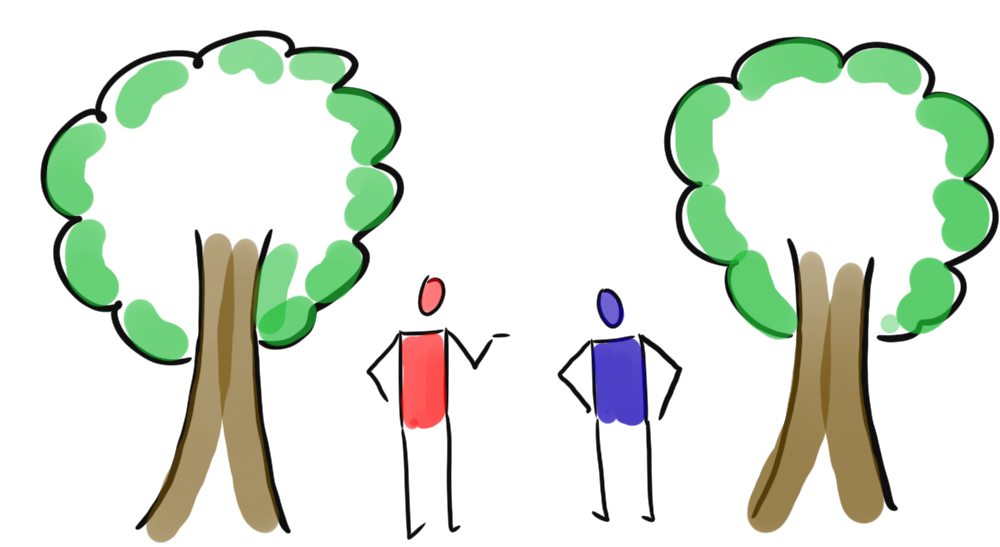 Der Mentalist (rot) und der Agilist (blau) unterhalten sich zwischen zwei Bäumen im Park.