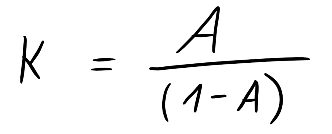 Handgeschriebene Formel: K = A / (1 − A), die zu erwartende Zahl der Kunden K bei einer Auslastung A.